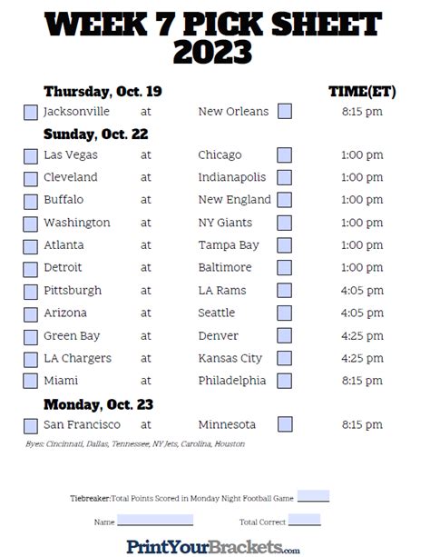 Week 7 nfl pick sheet - Weekly Pick Sheet Office PoolWeek 12. Below you will find our Week 12 schedule/pick sheet. You also have the option to customize the sheets by editing the title and by adding rules and prize information. For a slight variation you can try our Week 12 Confidence Pool where participants rank their picks based on their confidence of the winning ... 